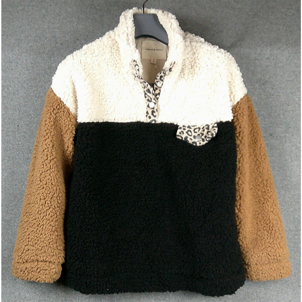 Thread & Supply Women's Sherpa Fleece Pullover Snap Pocket Leopard Trim Size S